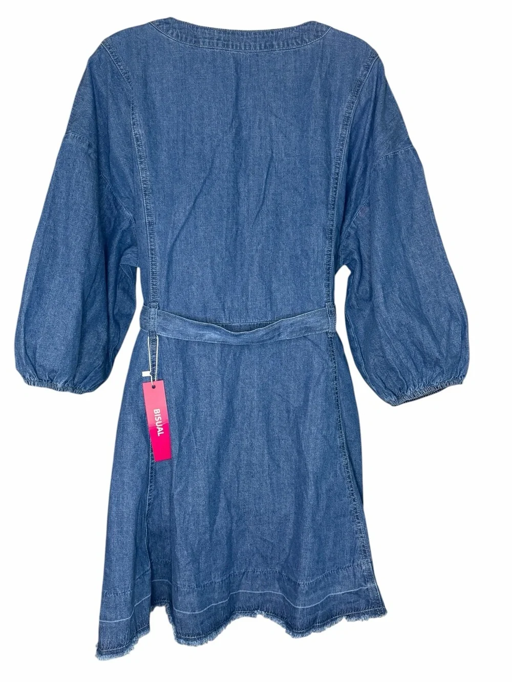 NWT Bisual Chambray Denim Mini Dress XL Tie Waist Balloon Sleeve Boho